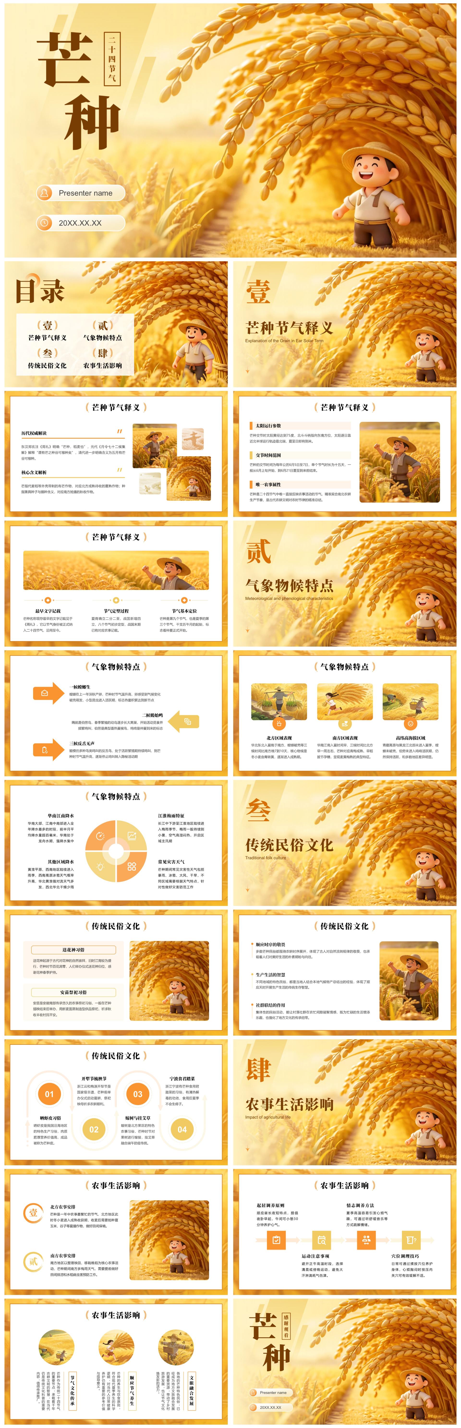 橙黄色卡通风二十四节气芒种习俗介绍PPT模板