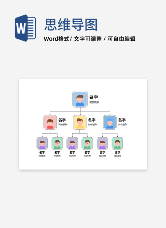 组织架构-彩色人像竖版组织结构图word模板