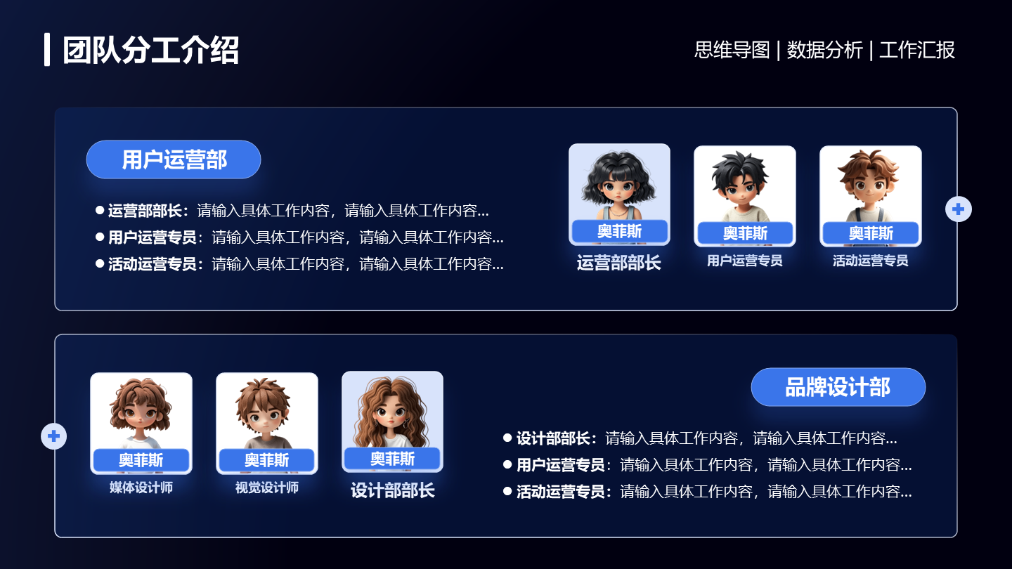 团队分工-蓝色未来科技风项目汇报关系页PPT单页