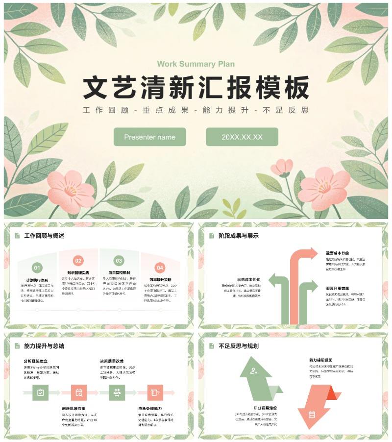 浅粉绿色文艺小清新风总结汇报通用PPT模板