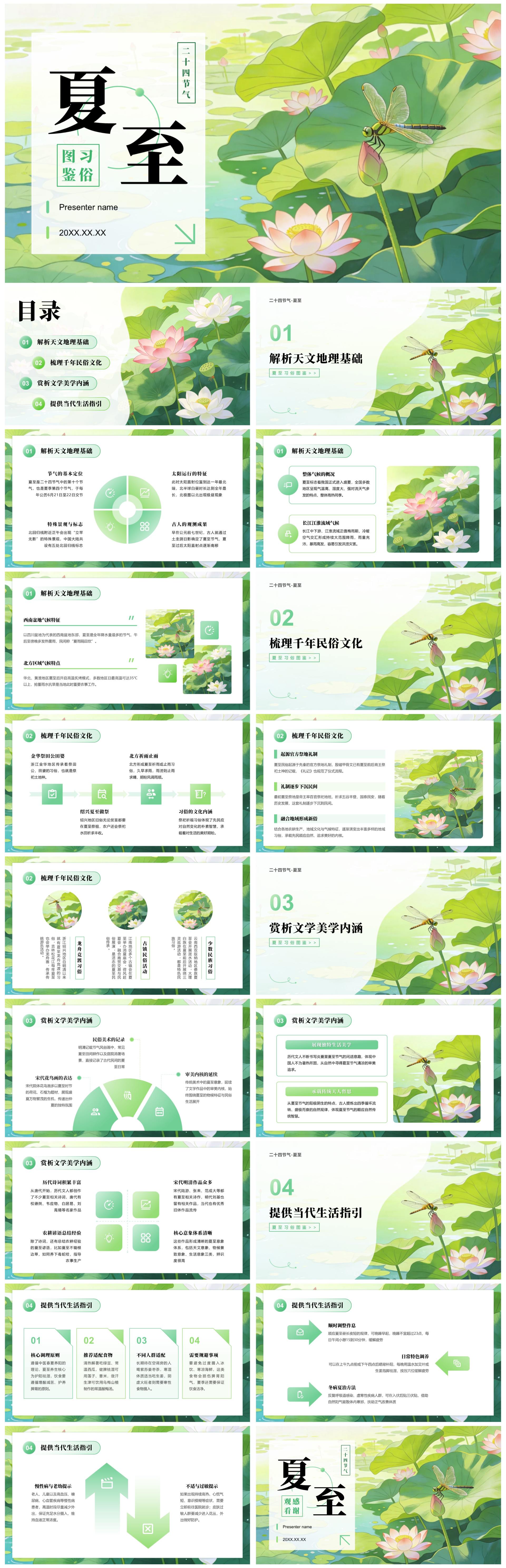 绿色清新插画风二十四节气夏至习俗介绍PPT模板