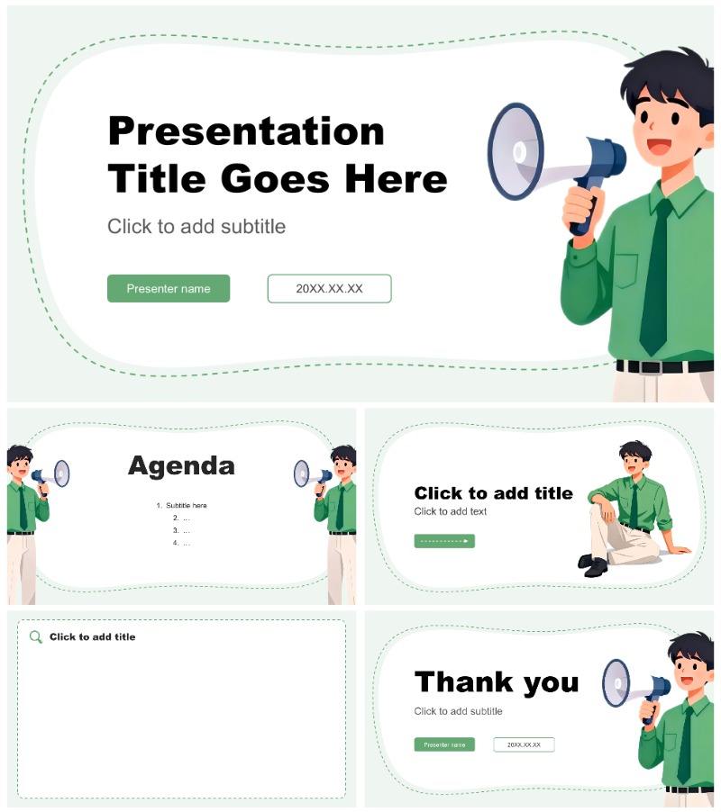 绿色扁平插画风社团纳新自我介绍PPT主题模板