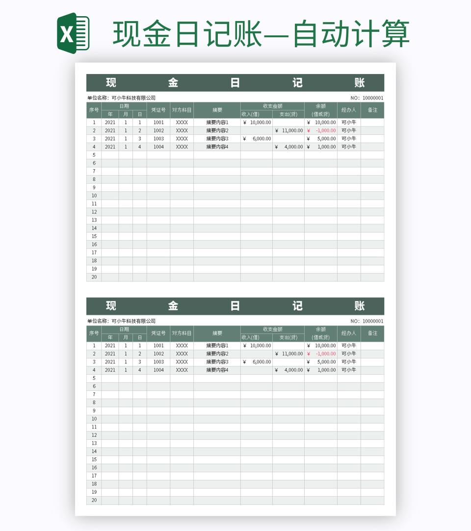 现金日记账—自动计算excel模板