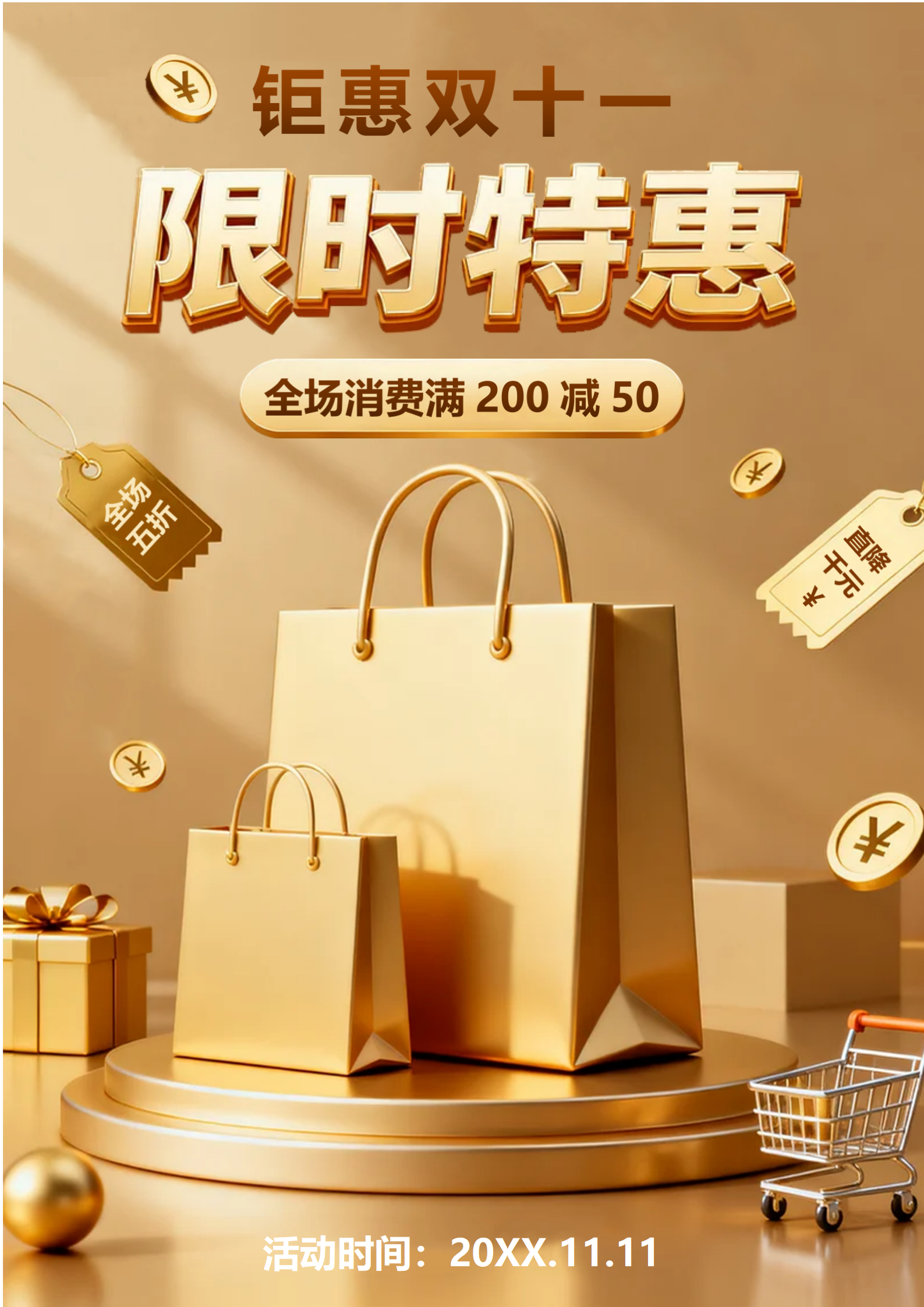 金色3D风电商大促营销策划海报