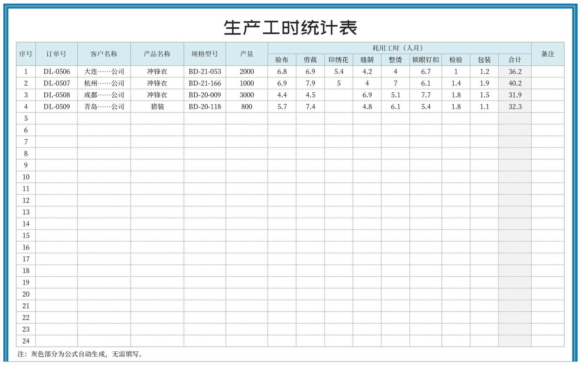 蓝色服装生产工时统计表Excel模板