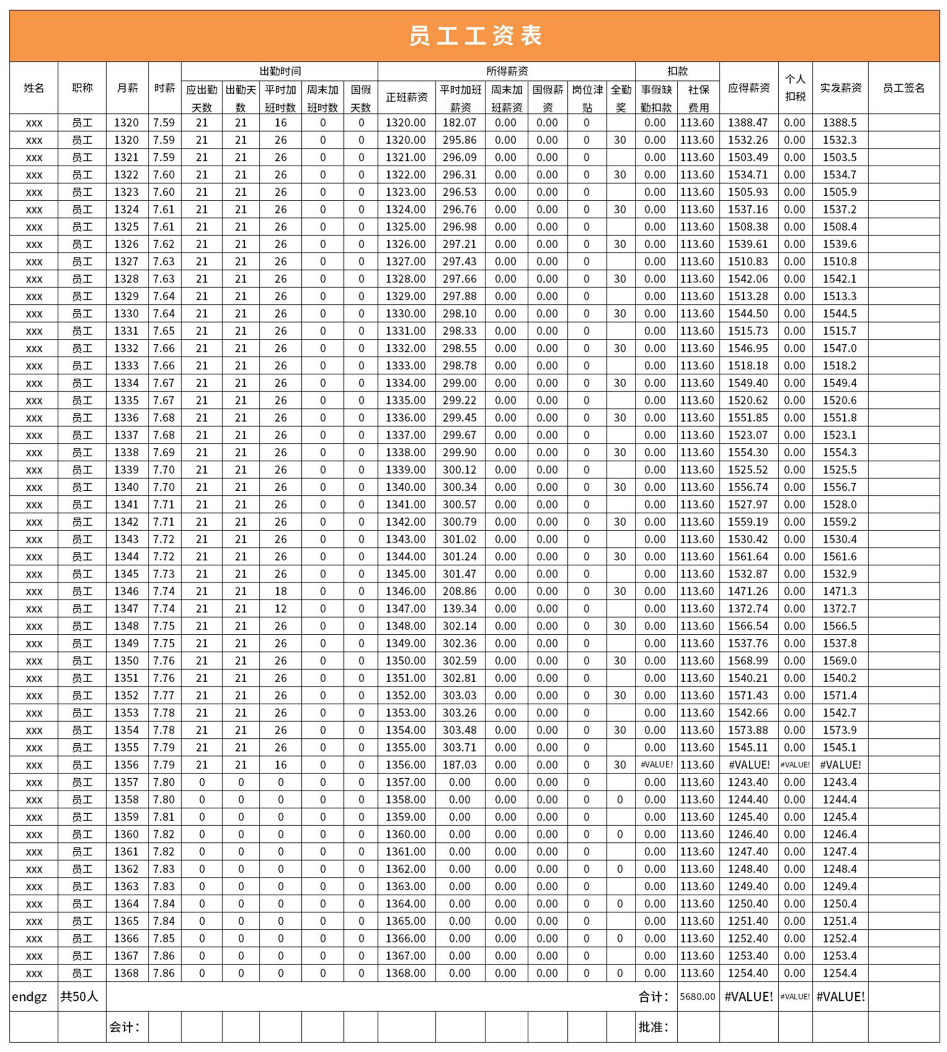 工资表范本考勤表excel模板