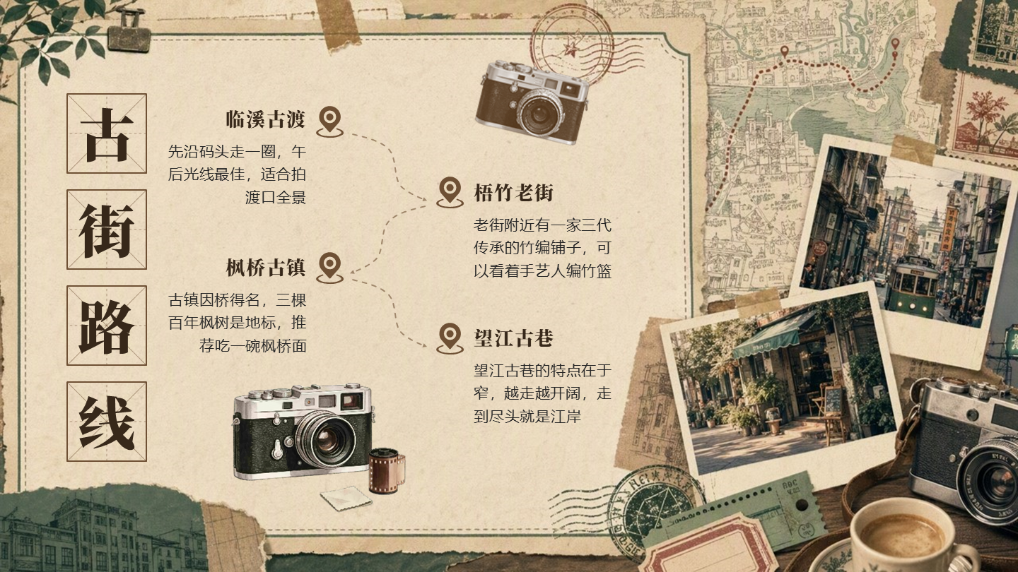 棕色复古风黄金周古街路线攻略PPT单页