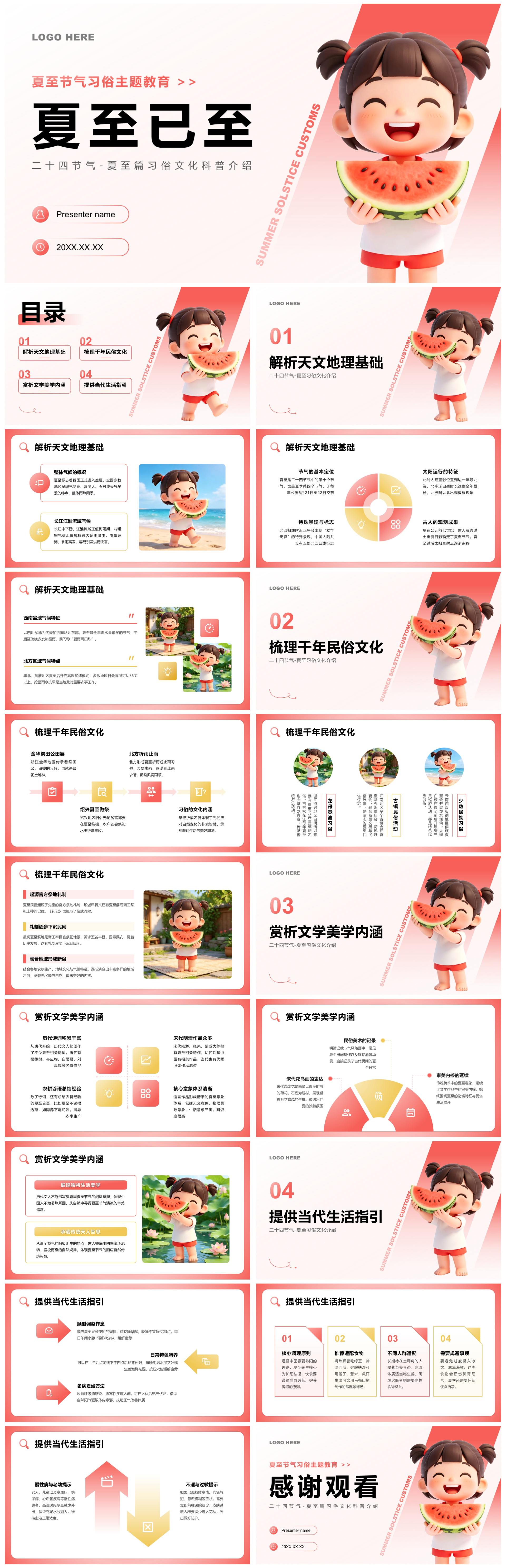 红色3D风二十四节气夏至习俗科普介绍PPT模板