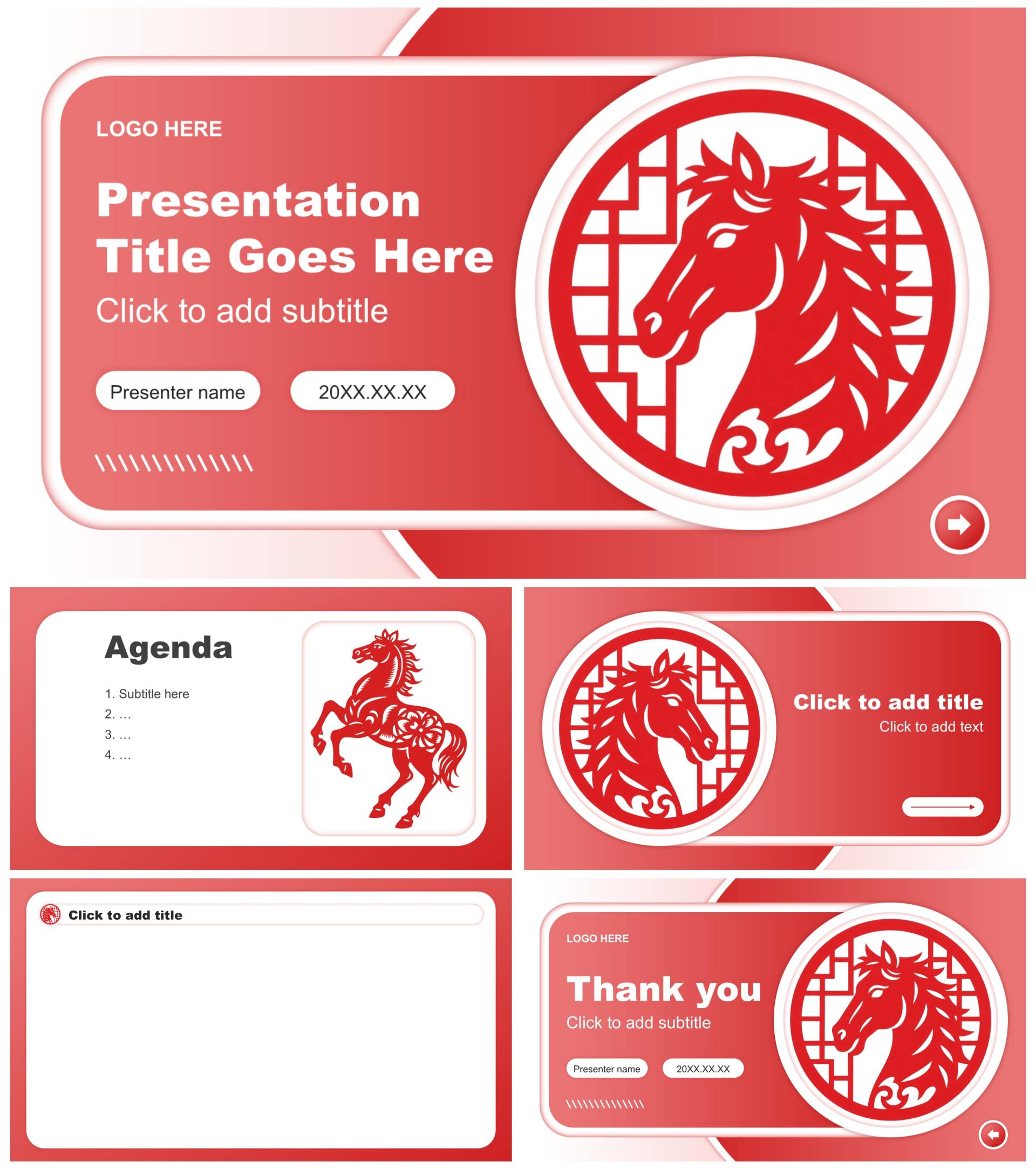 红色剪纸风马年春节剪纸文化主题班会PPT主题模板