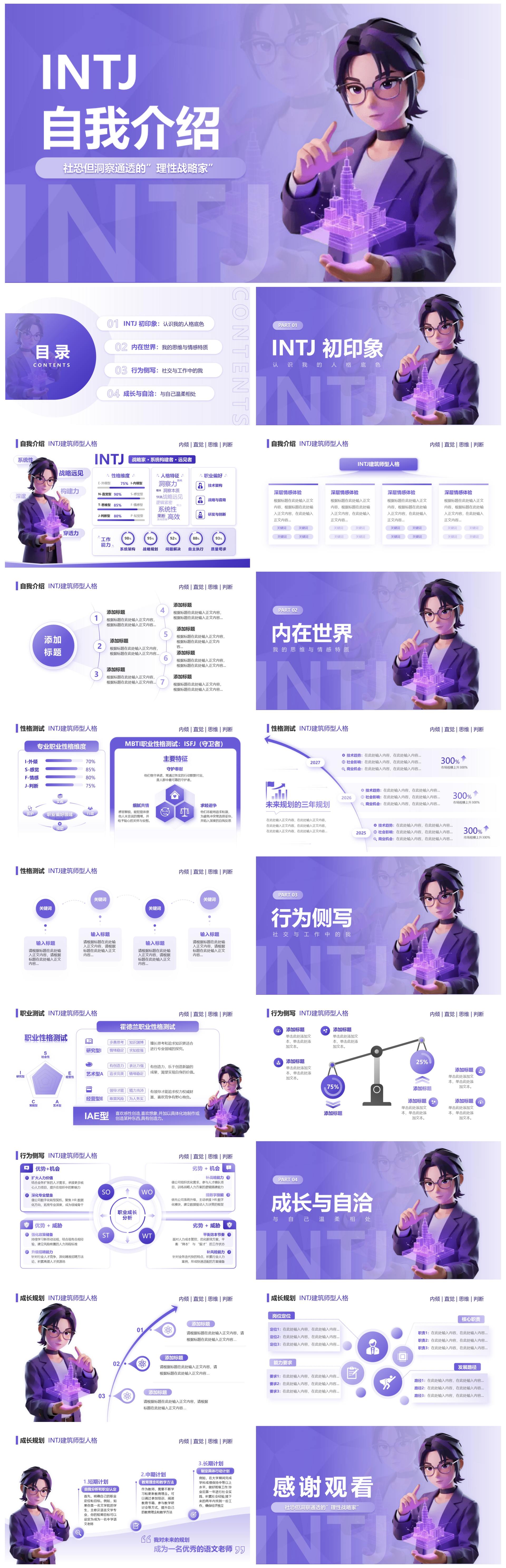 紫色渐变创意设计MBTI自我介绍述职汇报PPT模板