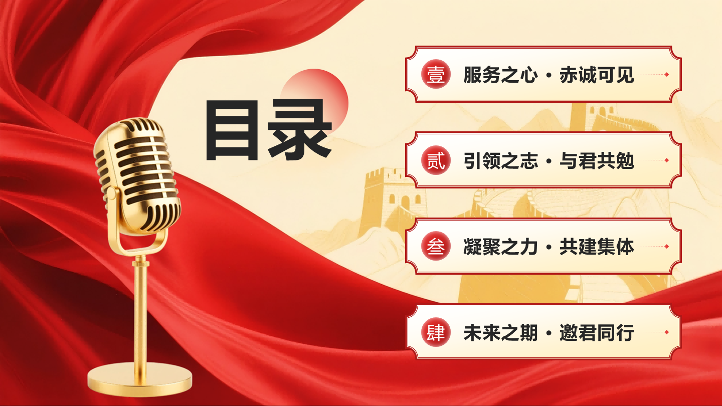 红金渐变红色文化团支书竞选目录页PPT单页