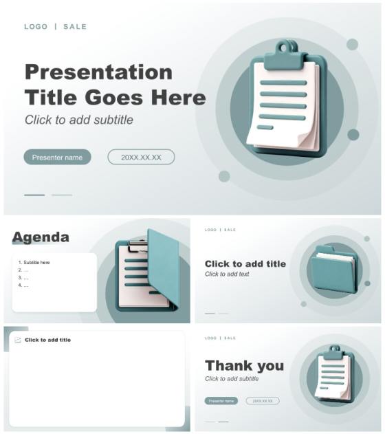 低饱和绿色3D风季度销售工作汇报PPT主题模板