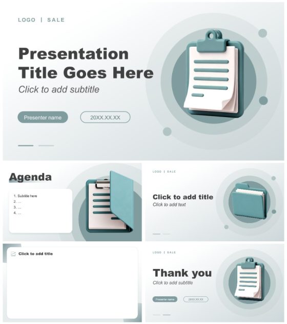 低饱和绿色3D风季度销售工作汇报PPT主题模板