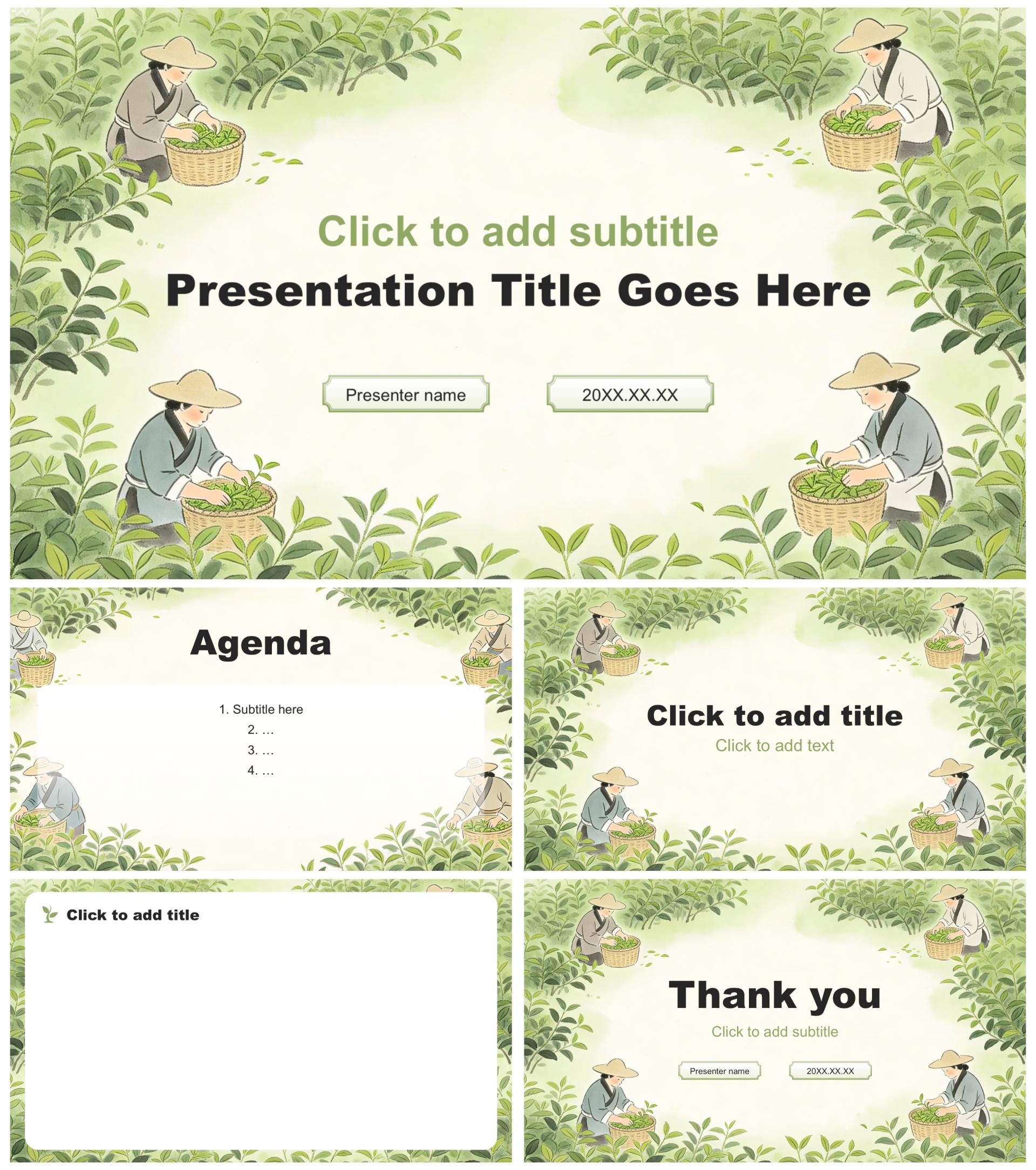 绿色插画风茶艺传统文化宣传介绍PPT主题模板