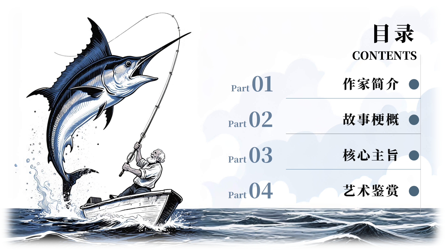 目录页-蓝色插画老人与海课文教学课件创意PPT单页
