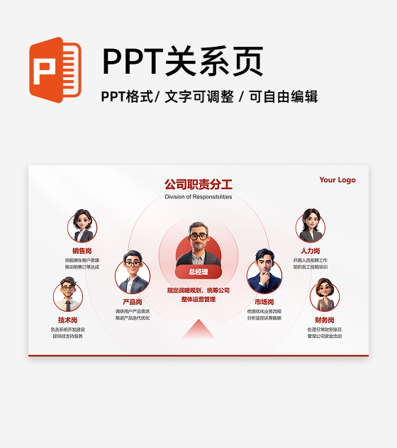 职责分工-红色扩散分布公司职责介绍PPT单页