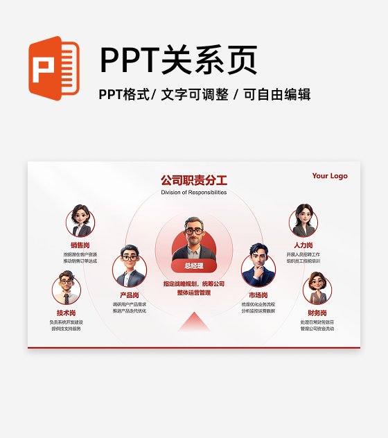 职责分工-红色扩散分布公司职责介绍PPT单页