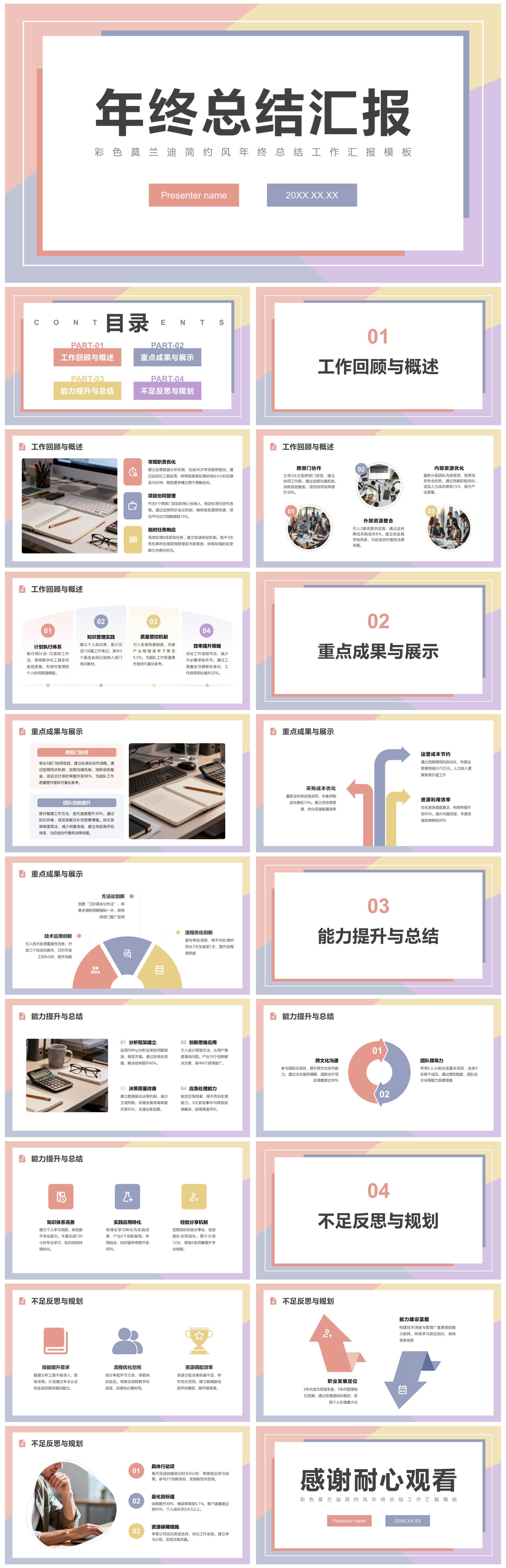 彩色莫兰迪简约风年终总结工作汇报PPT模板