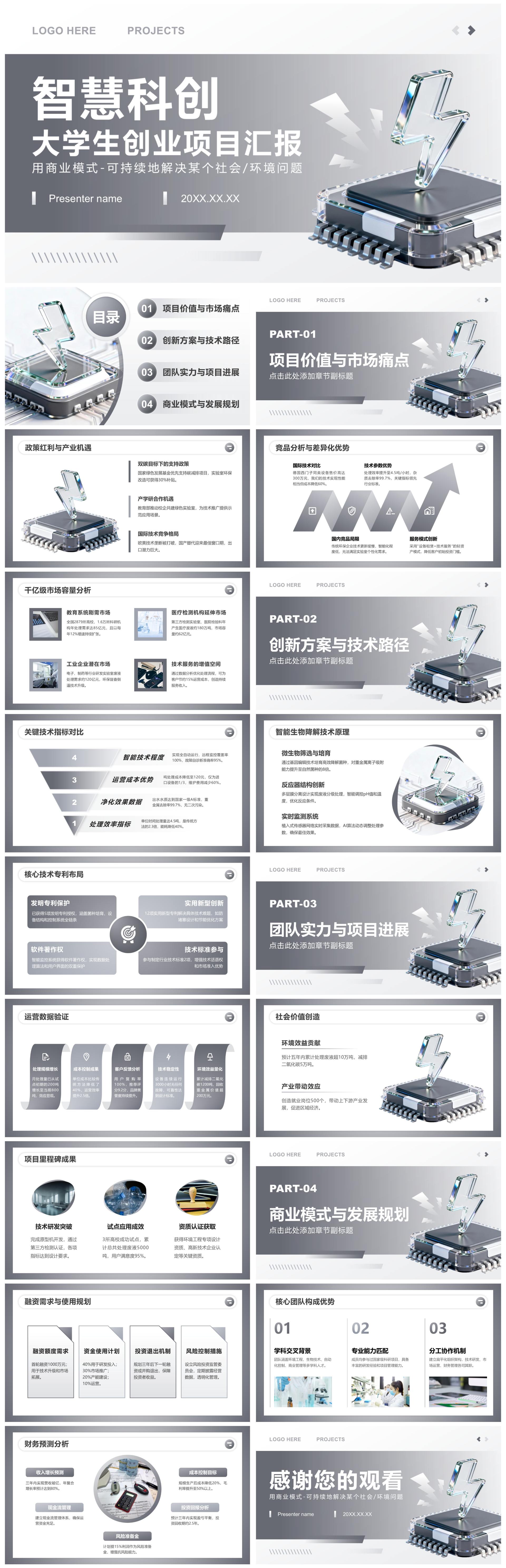 灰色3D商务风大学生创新创业大赛项目汇报PPT模板