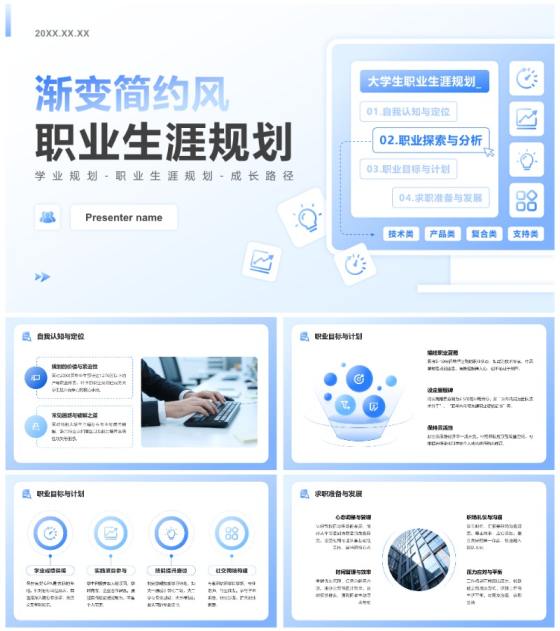 蓝色渐变简约风职业生涯规划作业汇报PPT模板