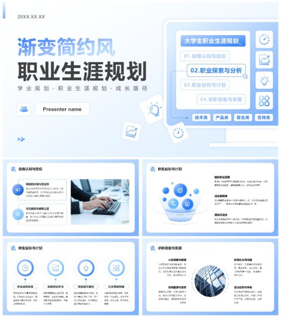 蓝色渐变简约风职业生涯规划作业汇报PPT模板