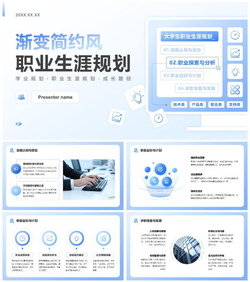 蓝色渐变简约风职业生涯规划作业汇报PPT模板