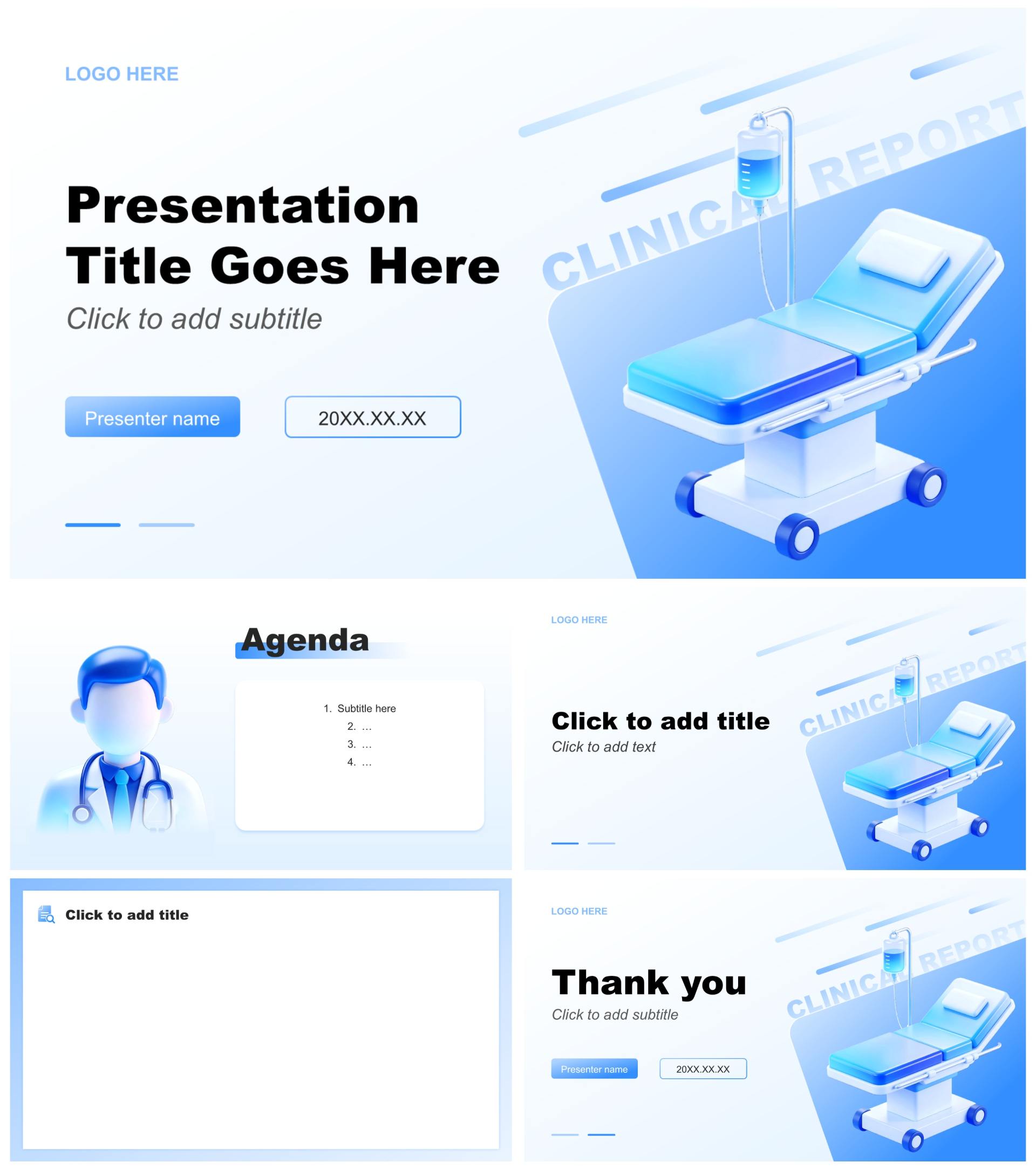 蓝白色3D风医疗行业临床工作汇报PPT主题模板
