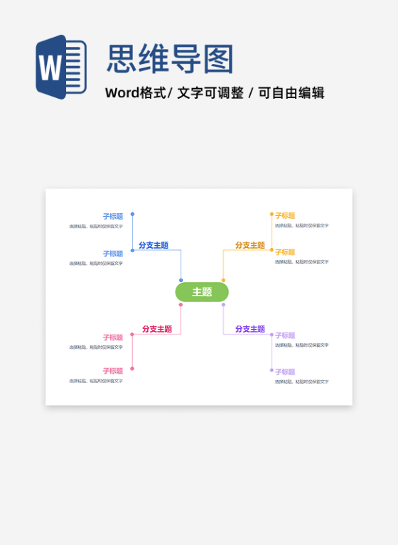 思维导图 - 多彩扁平树状思维导图word模板
