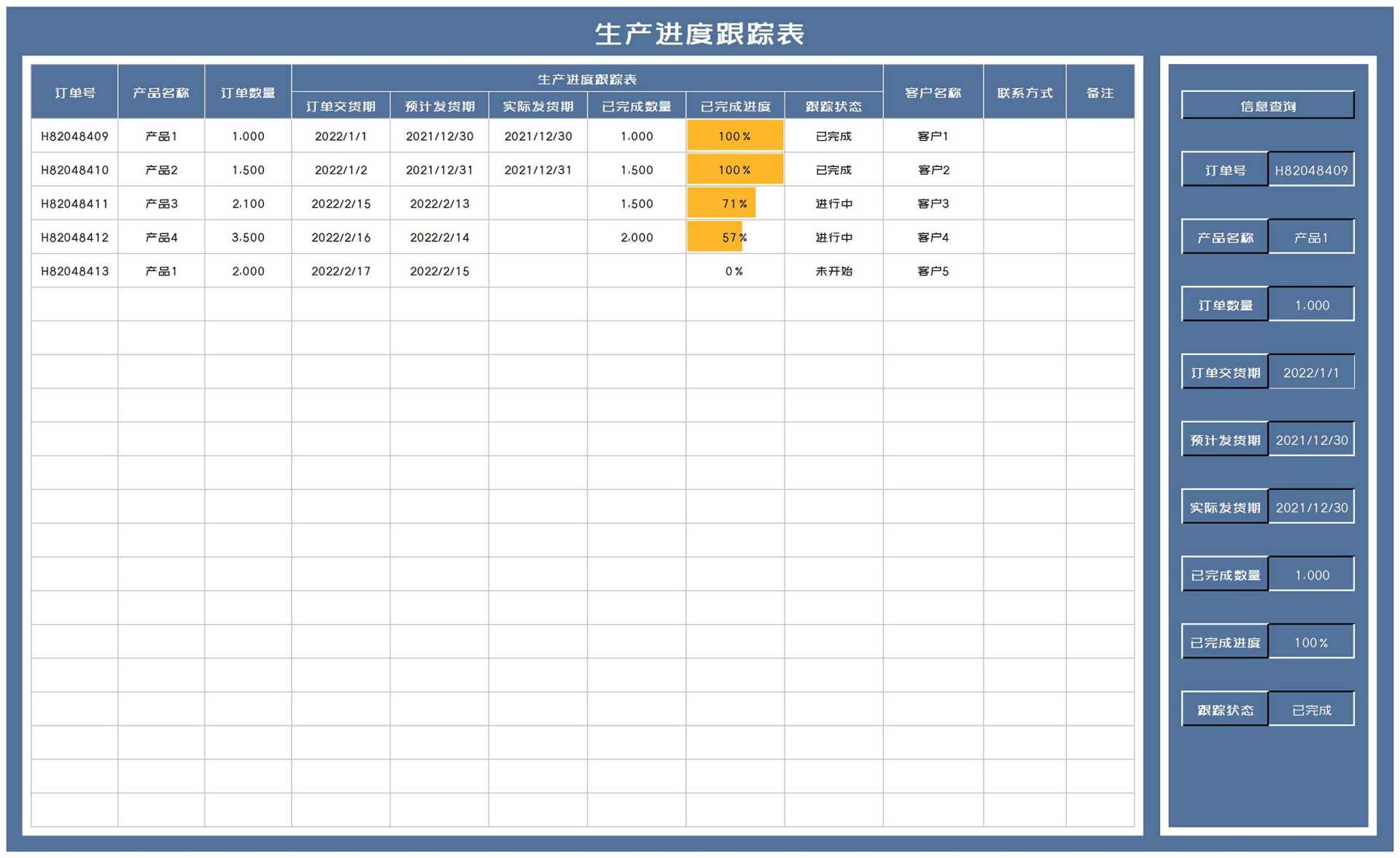 商务风客户订单生产进度跟踪表Excel模板