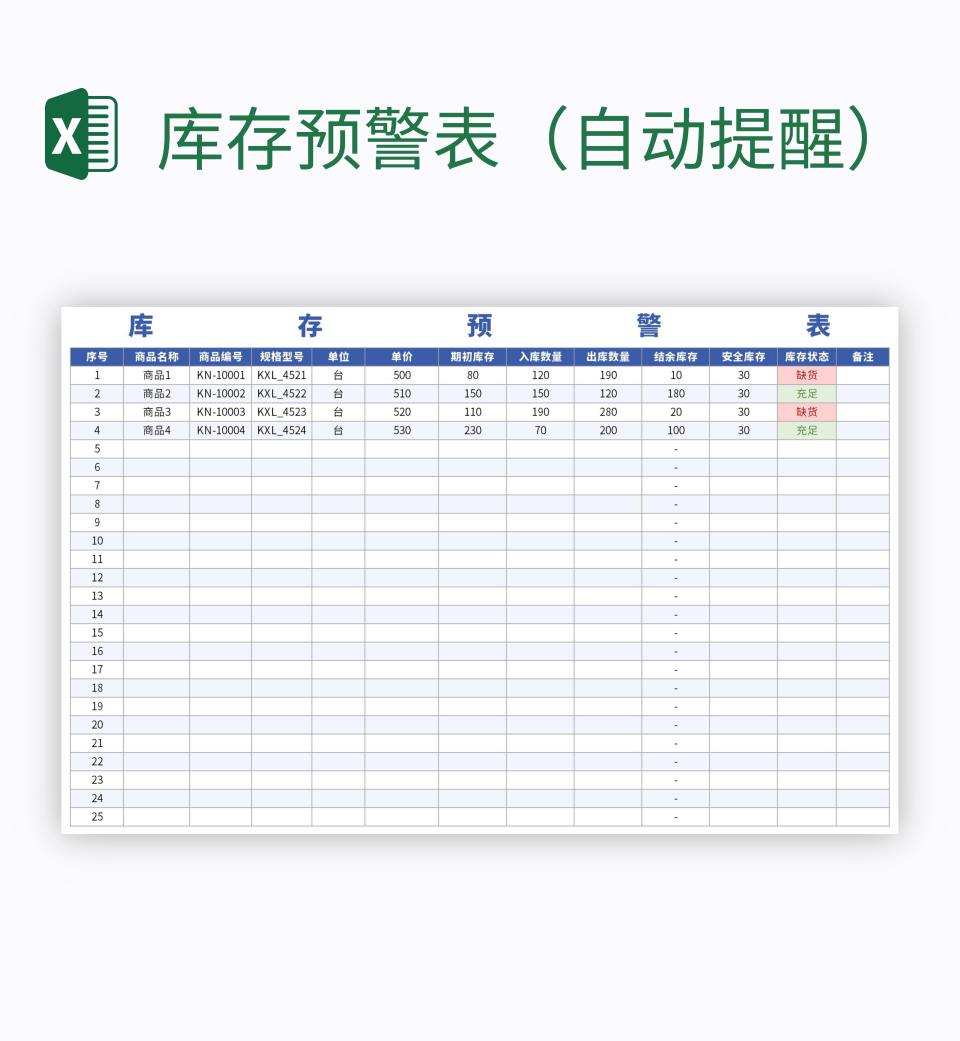库存预警表（自动提醒）excel模板