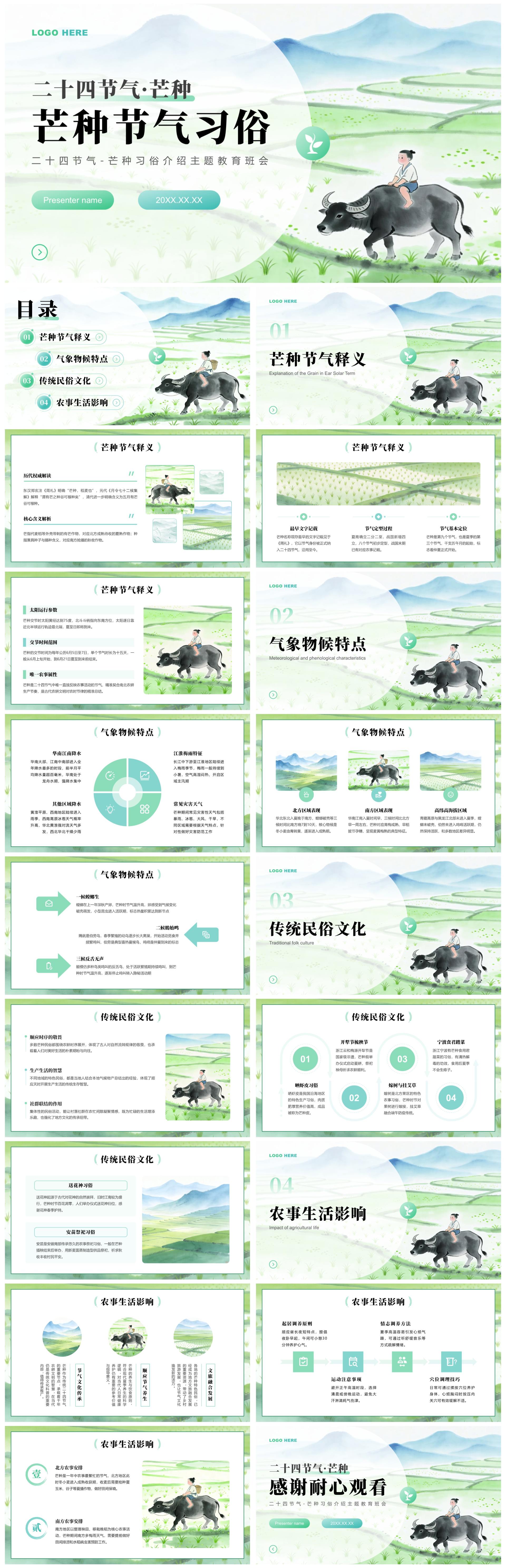 绿色小清新风二十四节气芒种介绍主题教育PPT模板