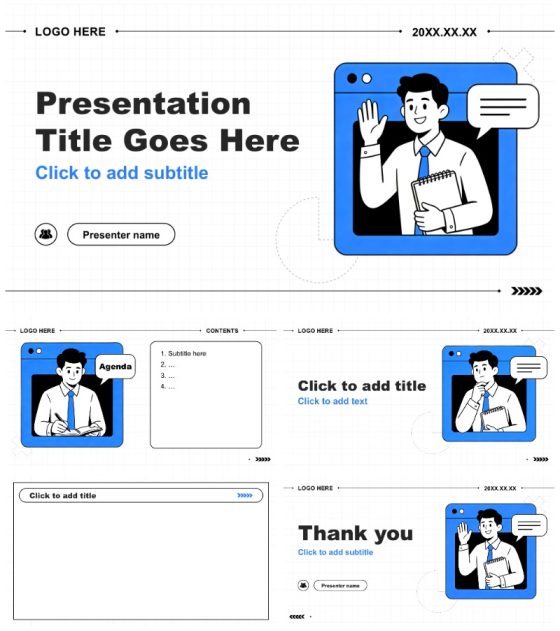 蓝白色插画风年度目标达成工作汇报PPT主题模板