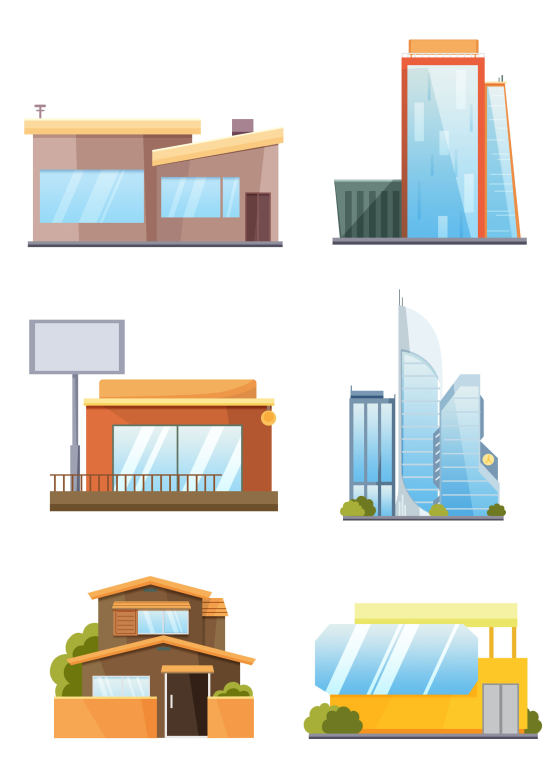 卡通城市建筑正面矢量平面插图