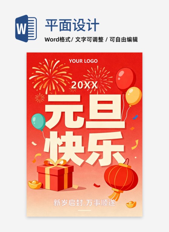 红色喜庆插画风元旦节祝福海报