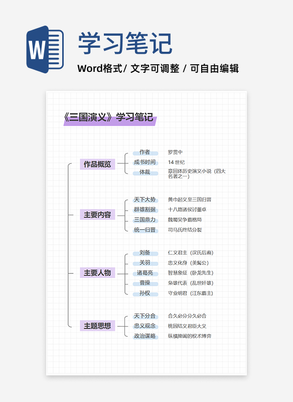 学习笔记-《三国演义》紫色简约竖版word模板