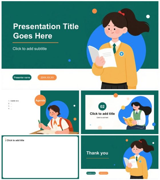 绿色拼色手绘卡通风大学班会PPT主题模板