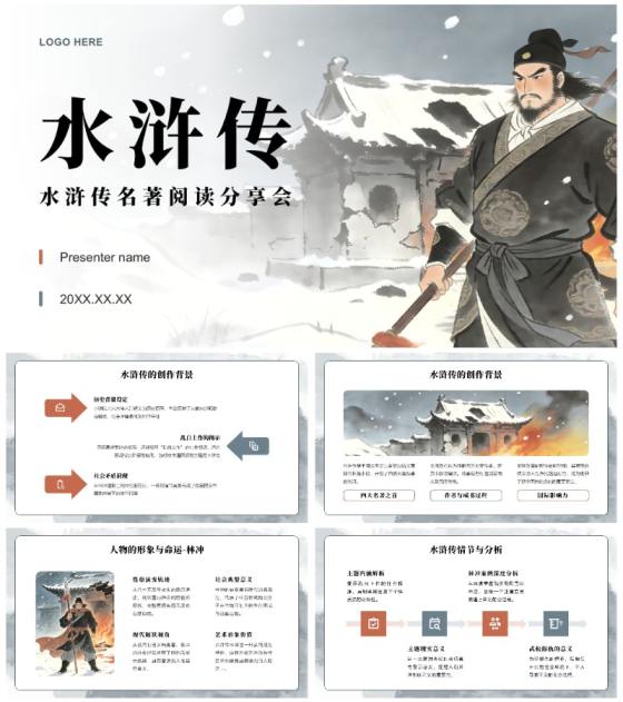 低饱和插画风水浒传读书笔记名著介绍PPT模板