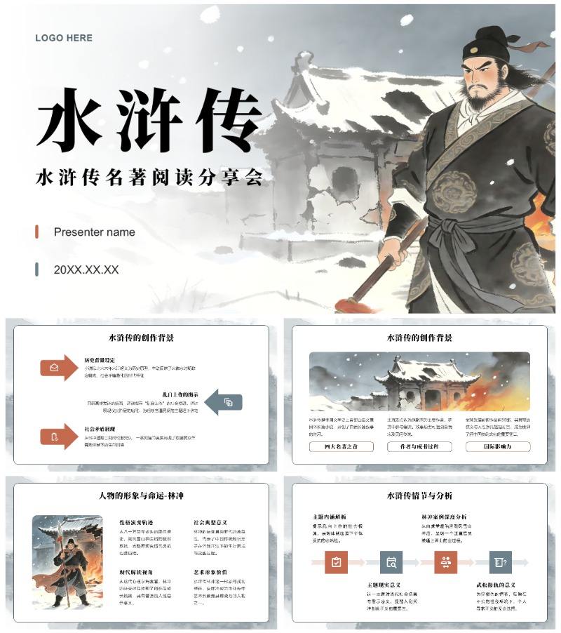 低饱和插画风水浒传读书笔记名著介绍PPT模板