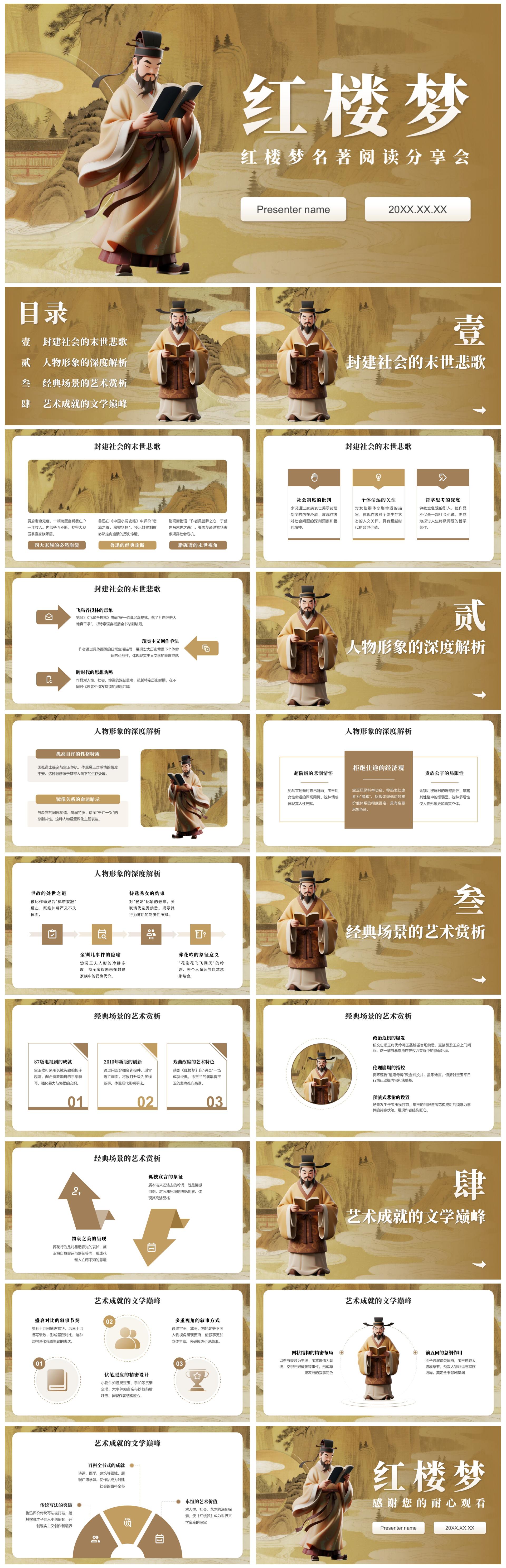 棕色中国风红楼梦读书笔记名著解说课件PPT模板