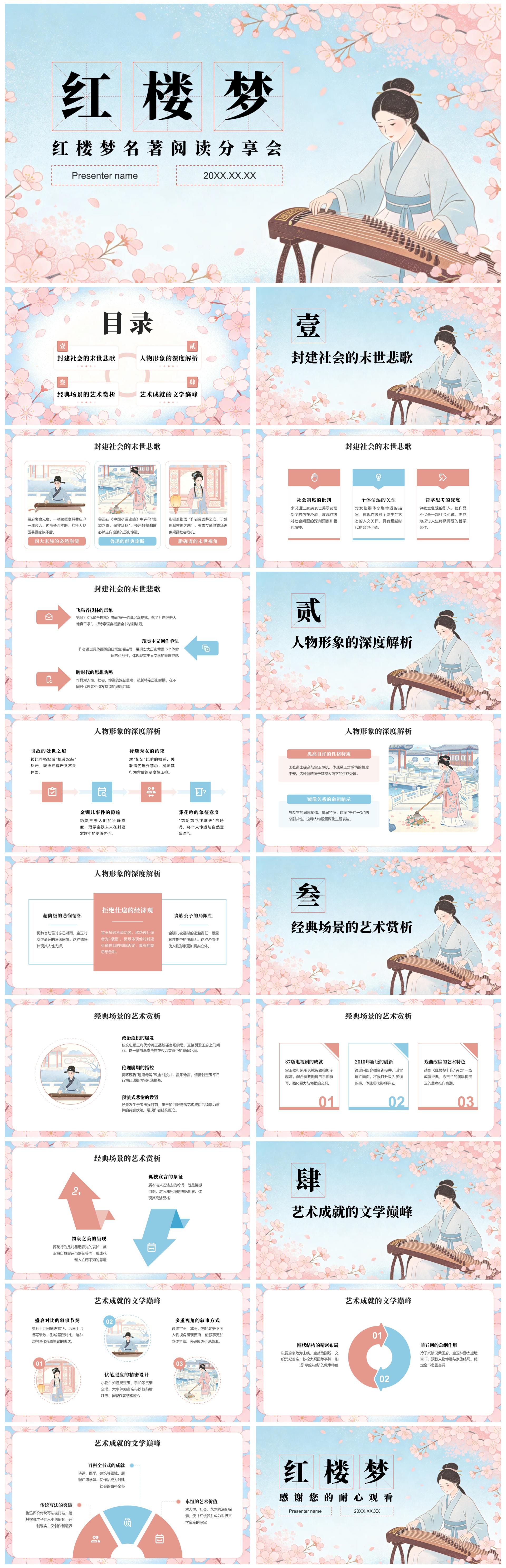 粉色清新中国风红楼梦读书笔记名著解说PPT模板