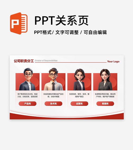 职责分工-红色商务风4项卡片职责分工PPT单页