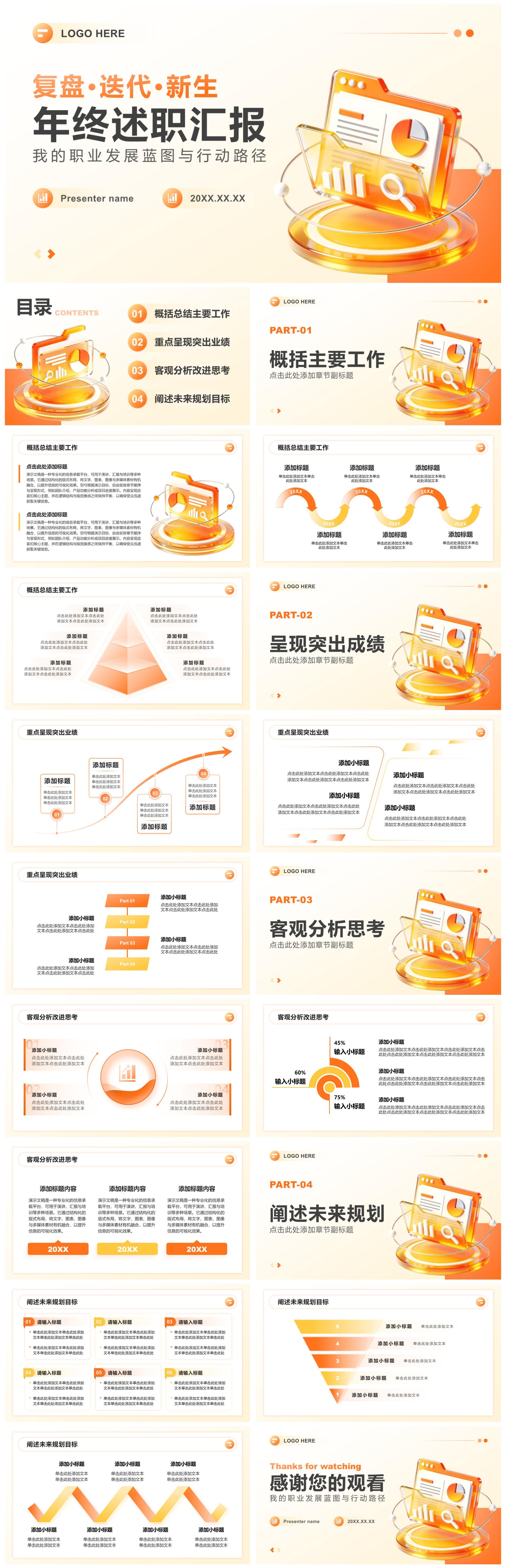 橙黄色3D商务风年终述职汇报工作总结PPT模板