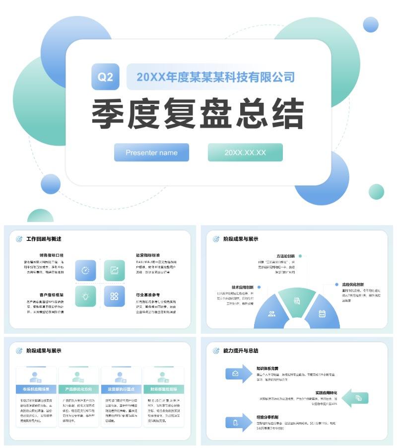 蓝绿几何简约风Q2季度复盘数据汇报PPT模板