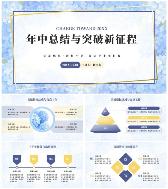 蓝色小清新花团锦簇年中工作总结PPT模板
