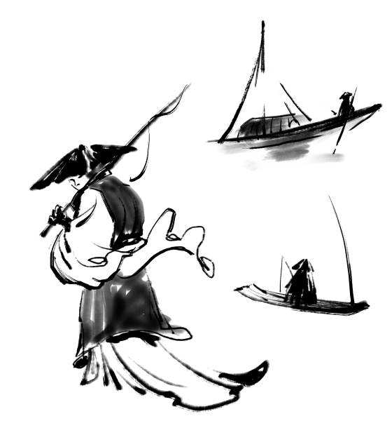 水墨渔夫渔船插画