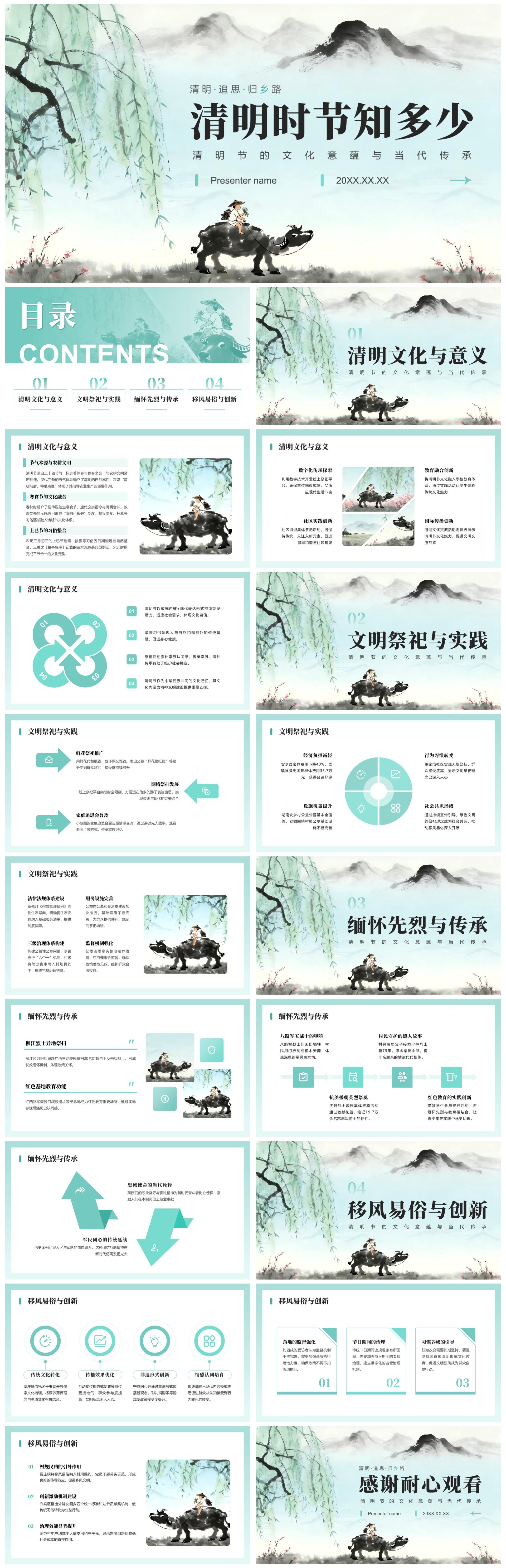 蓝绿水墨中国风清明节传统节日科普PPT模板