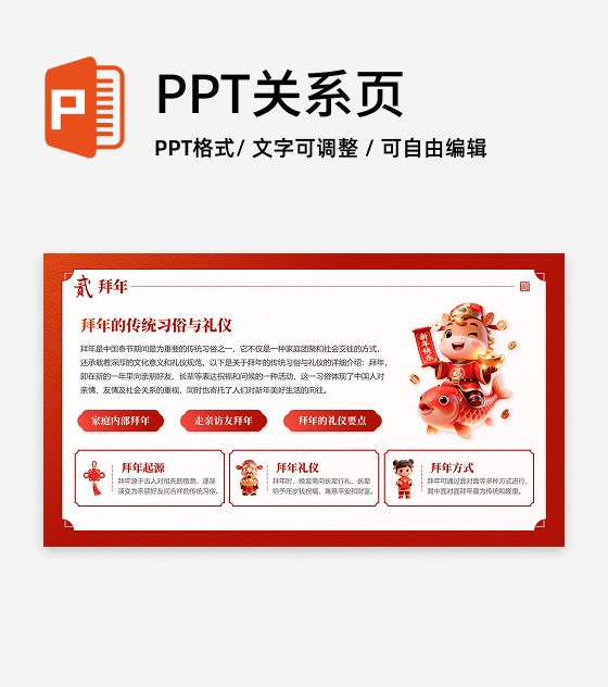 红色国风卡通三维春节习俗拜年传统文化PPT单页