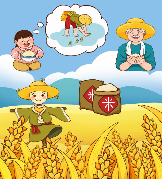 手绘卡通珍惜粮食麦田农民