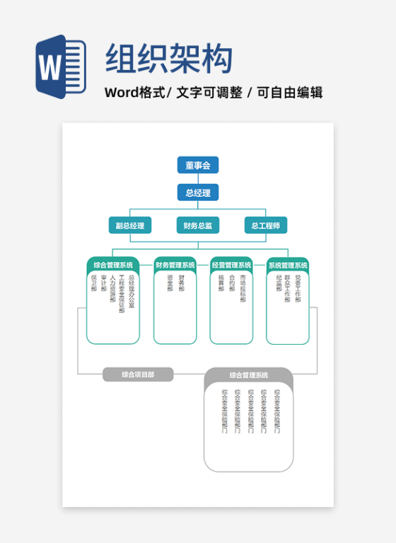 组织架构-彩色蓝绿通用竖版矩形word模板