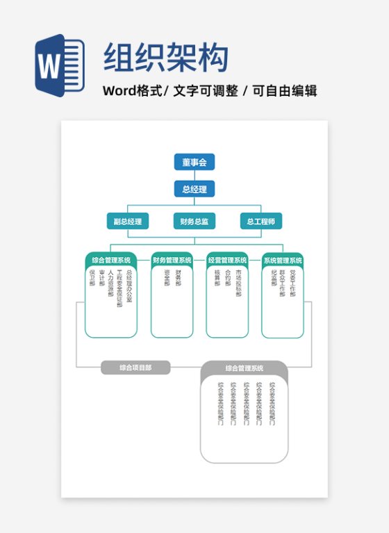 组织架构-彩色蓝绿通用竖版矩形word模板